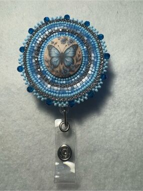 Blue Butterfly Beaded Retractable Badge Reel
